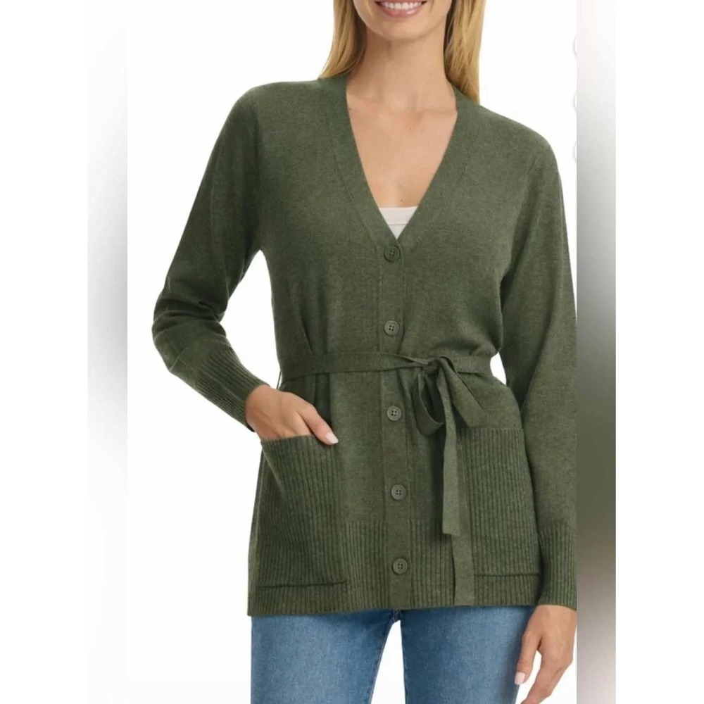 SPLENDID Belted Cardigan Sweater Medium Olive Army Green Knit Button Front NWT